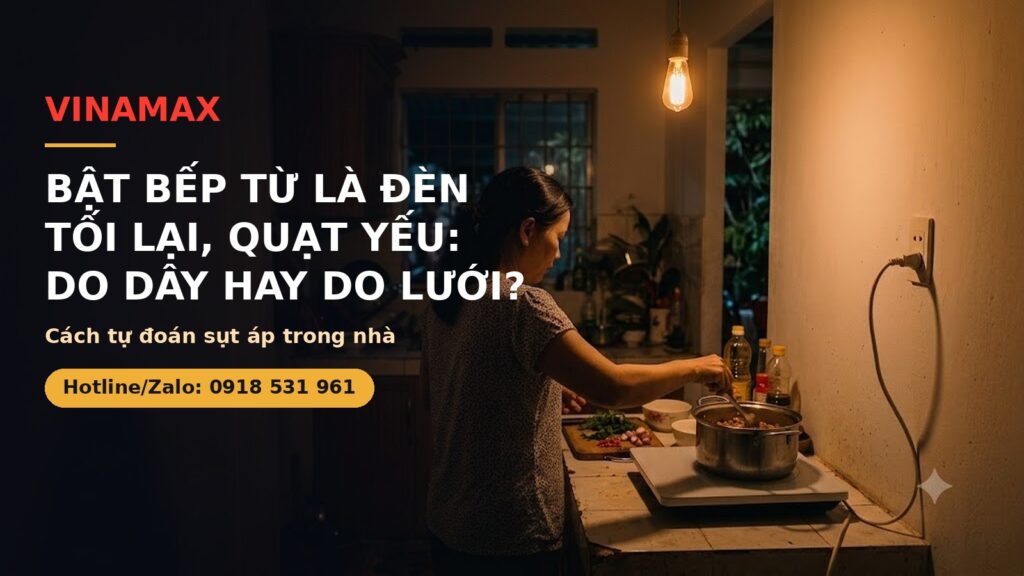 Bật bếp từ là đèn tối lại, quạt yếu — do dây hay do lưới?