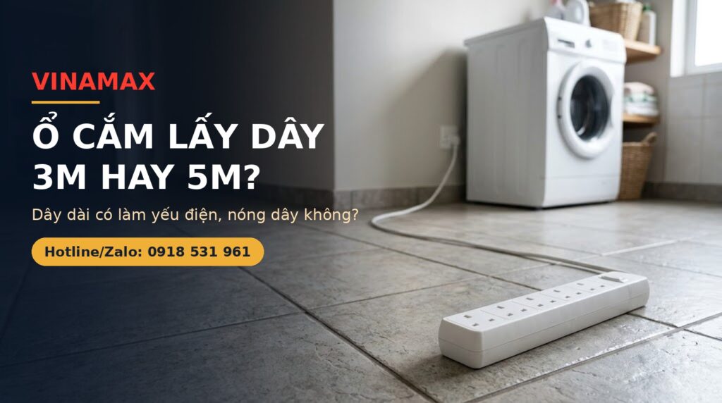 Ổ cắm kéo dài dây dài trải thẳng ra tới máy giặt