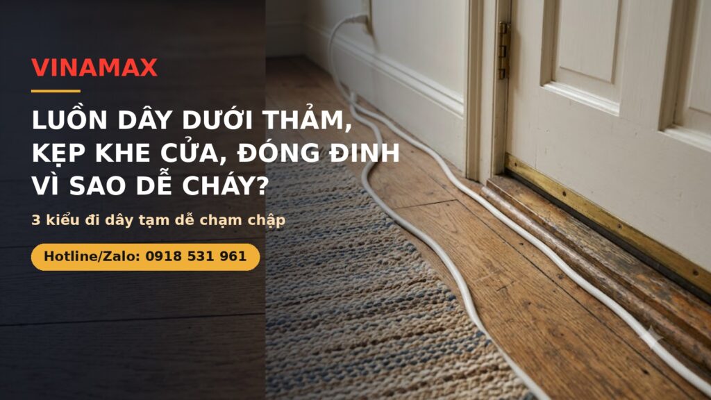 Luồn dây điện dưới thảm kẹp khe cửa đóng đinh dễ chạm chập cháy - VINAMAX