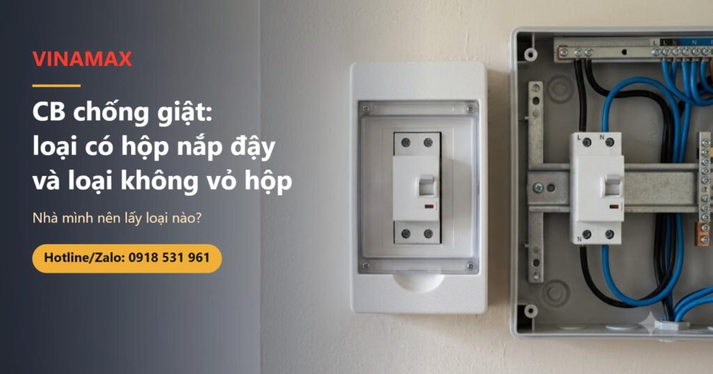 Hai CB chống giật cạnh nhau: một cái nằm trong hộp nhựa có nắp đậy, một cái gắn trần trên ray DIN trong tủ điện