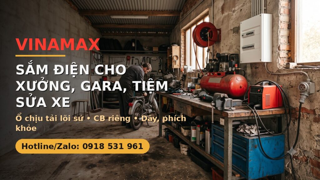 Góc xưởng sửa xe nhỏ có ổ cắm chịu tải và CB riêng cấp điện cho máy móc