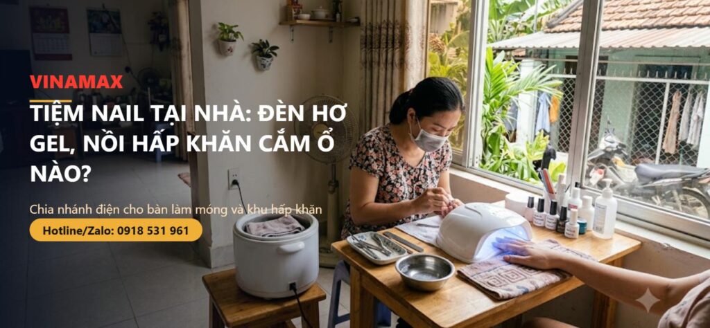 Tiệm nail làm móng tại nhà với đèn hơ gel và nồi hấp khăn, minh họa cách chia nhánh điện