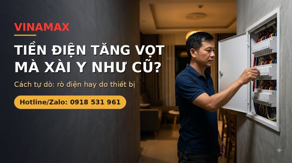 Người đàn ông mở tủ điện gắn tường, gạt kiểm tra dãy CB trong nhà buổi tối — minh họa bài hướng dẫn dò nguyên nhân tiền điện tăng vọt do rò điện hay do thiết bị