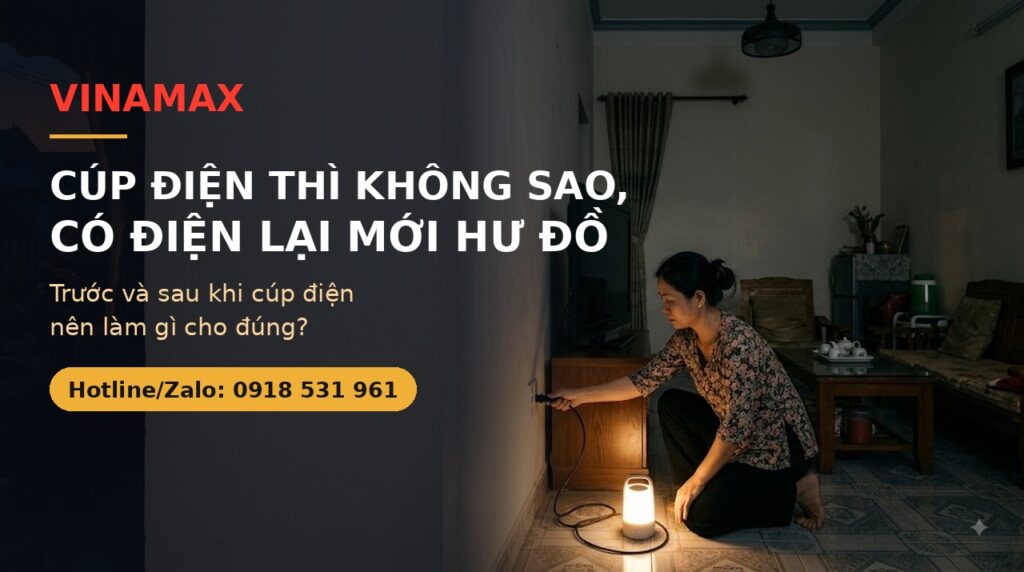 Người phụ nữ ngồi rút phích cắm tivi khỏi ổ điện trong phòng khách lúc cúp điện, đèn sạc nhỏ để dưới sàn — minh hoạ bài trước và sau khi cúp điện nên làm gì