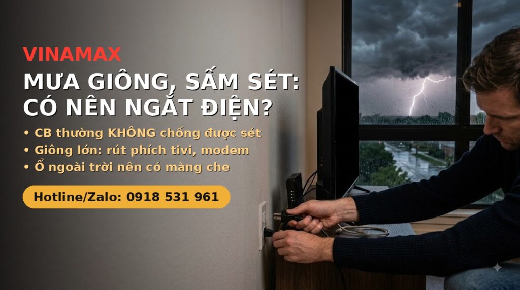 Trời mưa giông sấm chớp ngoài cửa sổ, trong nhà rút phích tivi để bảo vệ thiết bị