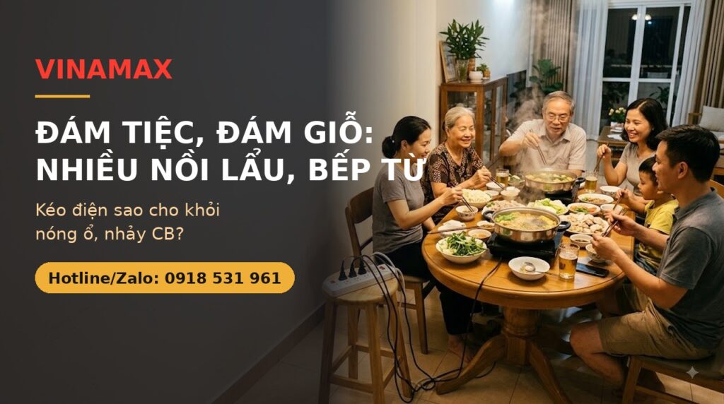 Gia đình quây quần bên bàn tròn có hai nồi lẩu điện đang bốc khói, ổ cắm chịu tải đặt trên ghế đẩu gần bàn — minh hoạ bài kéo điện cho đám tiệc, đám giỗ
