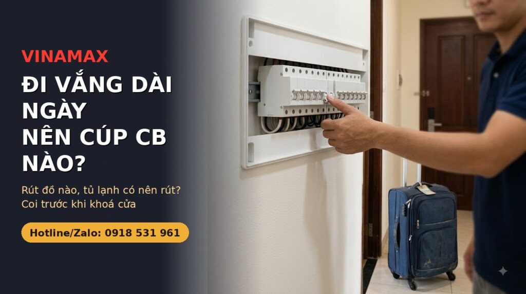 Tay gạt cầu dao trong tủ điện gia đình trước khi đi xa, cạnh vali hành lý