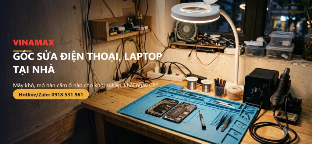 Bàn sửa điện thoại laptop tại nhà với máy khò, mỏ hàn và đèn soi, minh họa cách chia nhánh điện