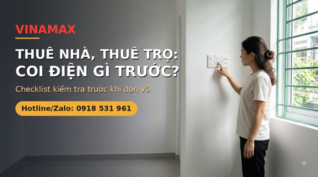Người phụ nữ trẻ kiểm tra bảng điện có công tắc và ổ cắm trên tường một căn phòng trọ còn trống — minh họa bài checklist coi điện trước khi thuê nhà