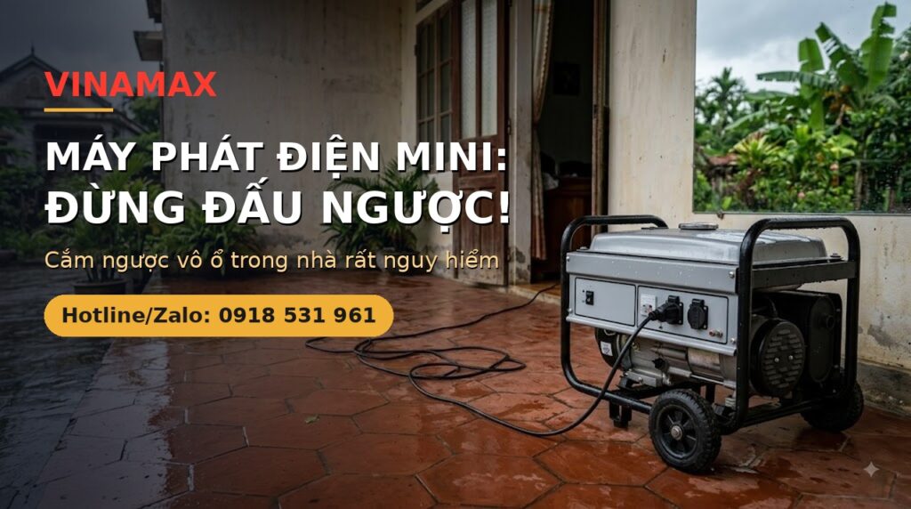 Máy phát điện mini đặt ngoài sân hiên nhà sau cơn mưa, dây điện nối dài kéo vào trong nhà — minh họa bài cảnh báo không đấu ngược máy phát vô ổ cắm