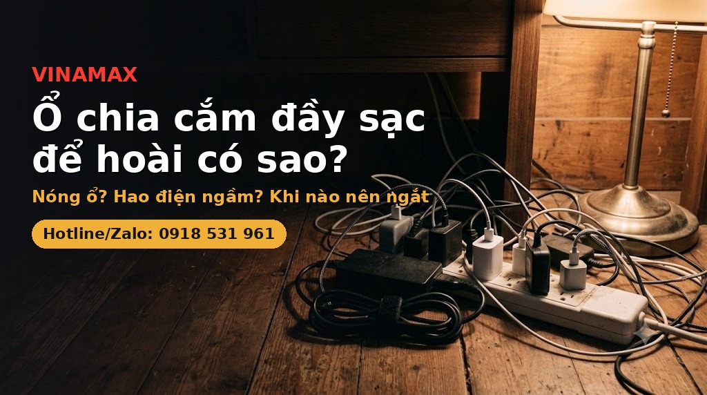 Ổ cắm chia nhiều lỗ cắm đầy cục sạc và adapter, minh hoạ nguy cơ nóng ổ cắm