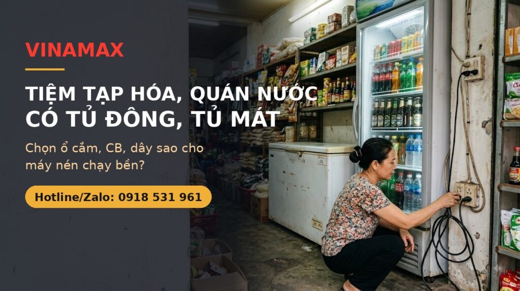 Chủ tiệm tạp hóa ngồi kiểm tra phích cắm của tủ mát và tủ đông cắm vào ổ điện trên tường — minh hoạ bài chọn ổ cắm, CB, dây cho tiệm tạp hóa, quán nước