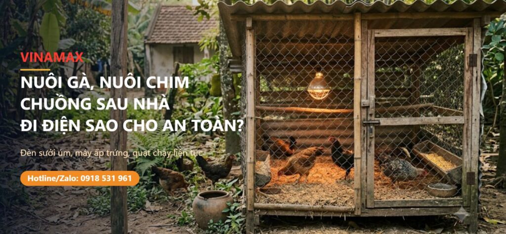 Chuồng gà sau nhà có đèn sưởi úm treo bên trong - an toàn điện VINAMAX