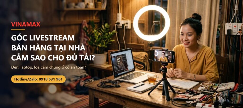 Góc livestream bán hàng tại nhà với đèn ring light, laptop và điện thoại trên tripod