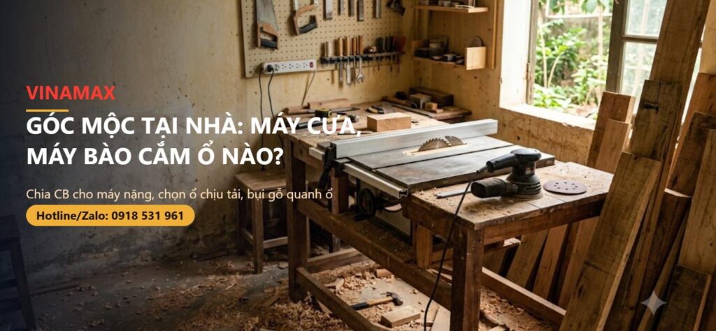 Góc làm mộc tại nhà với máy cưa bàn và máy chà nhám trên bàn thợ, mạt gỗ dưới sàn