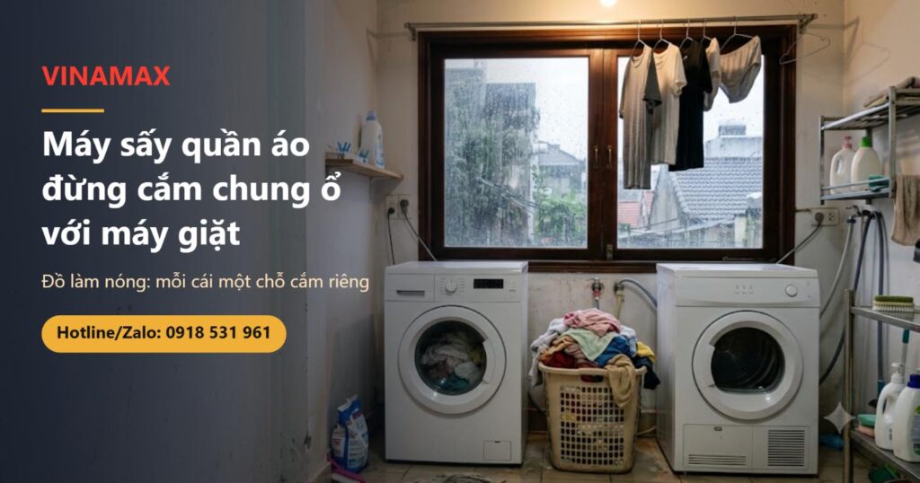 Khu giặt trong nhà ngày mưa: máy giặt cửa trước đặt cạnh máy sấy quần áo, giỏ đồ ẩm ở giữa