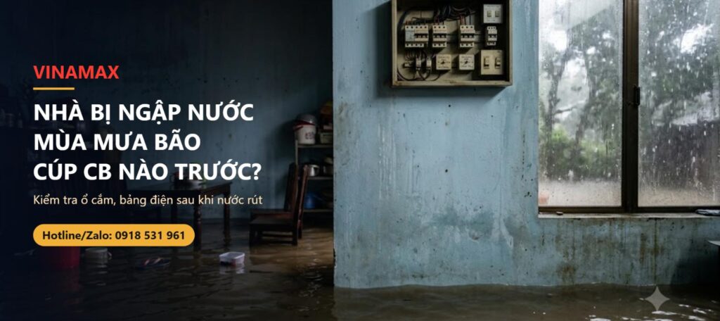 Nhà bị ngập nước mùa mưa bão, bảng điện gắn cao trên tường khô ráo