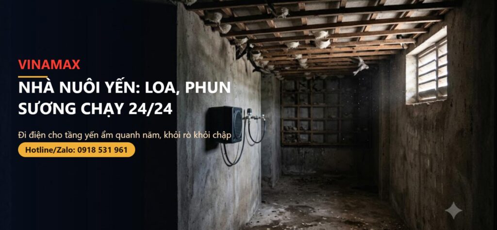 Phòng nuôi yến trên tầng thượng nhà phố với loa dẫn dụ và vòi phun sương gắn tường
