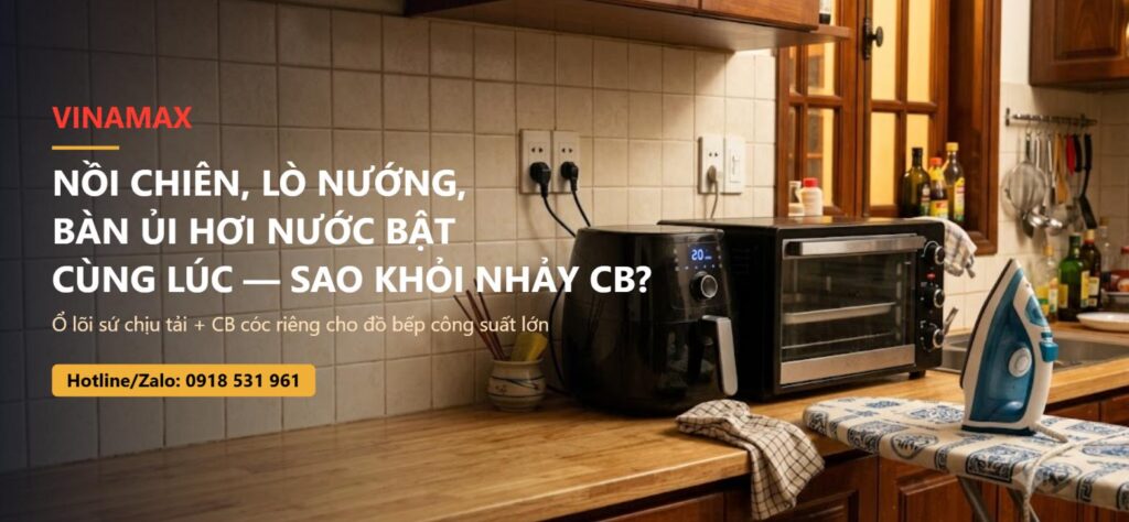 Nồi chiên không dầu và lò nướng điện cắm điện trên bàn bếp, bàn ủi hơi nước bên cạnh