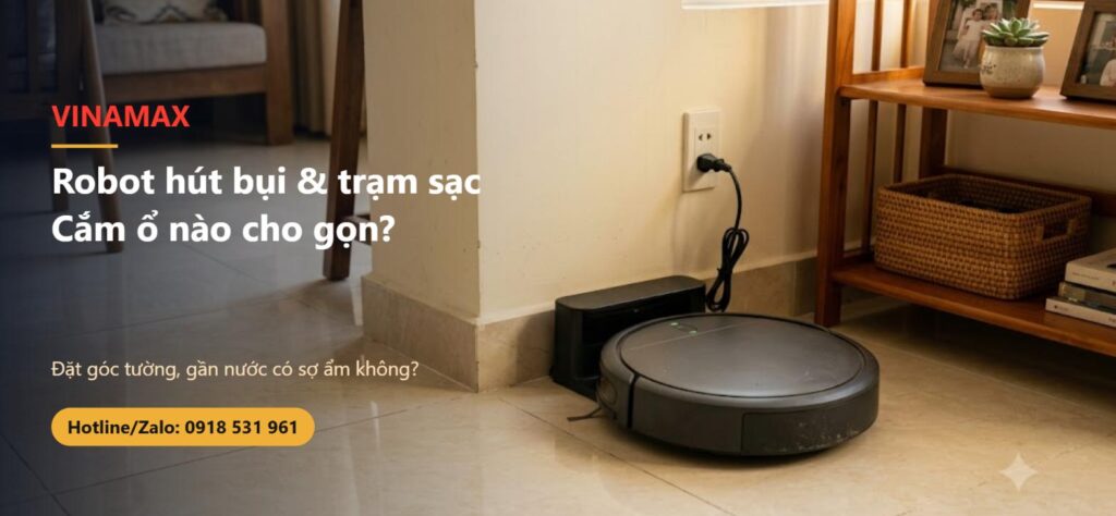 Robot hút bụi lau nhà đang sạc ở góc tường phòng khách