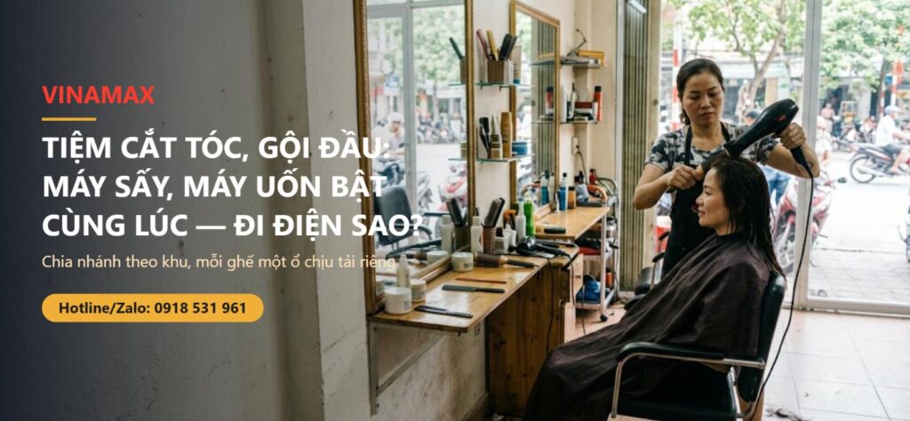 Thợ tóc dùng máy sấy cho khách trong tiệm cắt tóc gội đầu ở Việt Nam