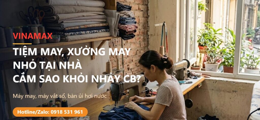 Tiệm may nhỏ tại nhà với máy may công nghiệp và bàn ủi hơi nước - an toàn điện VINAMAX