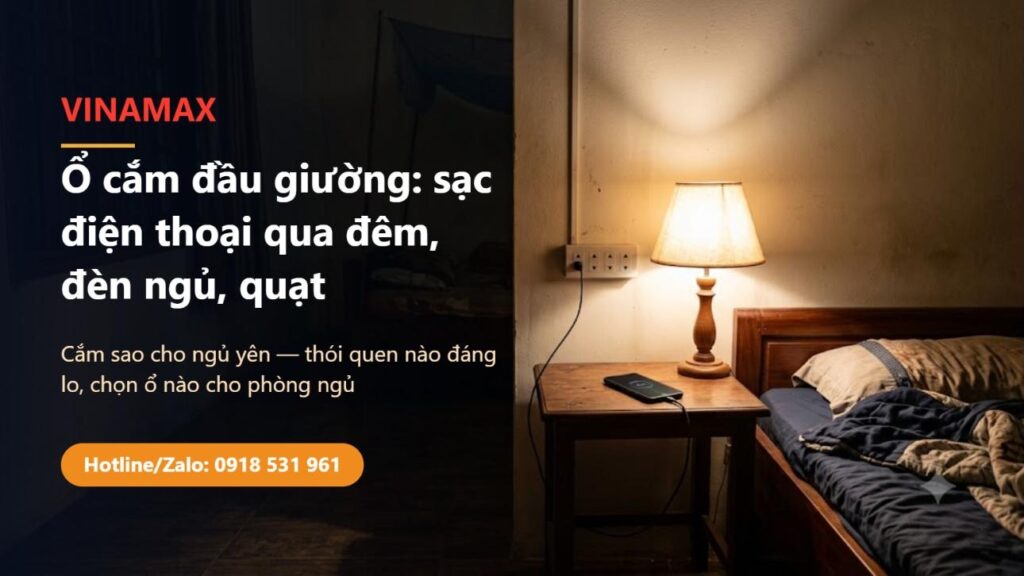 Phòng ngủ ban đêm, ổ cắm gắn trên tường phía trên bàn đầu giường, điện thoại đang sạc đặt trên mặt bàn cạnh đèn ngủ