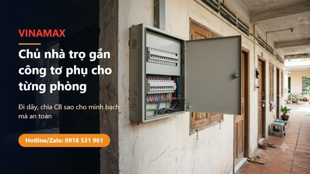 Tủ điện gắn tường mở nắp ở hành lang dãy nhà trọ, bên trong là hàng CB và bó dây đi gọn — minh hoạ chia CB và gắn công tơ phụ cho từng phòng
