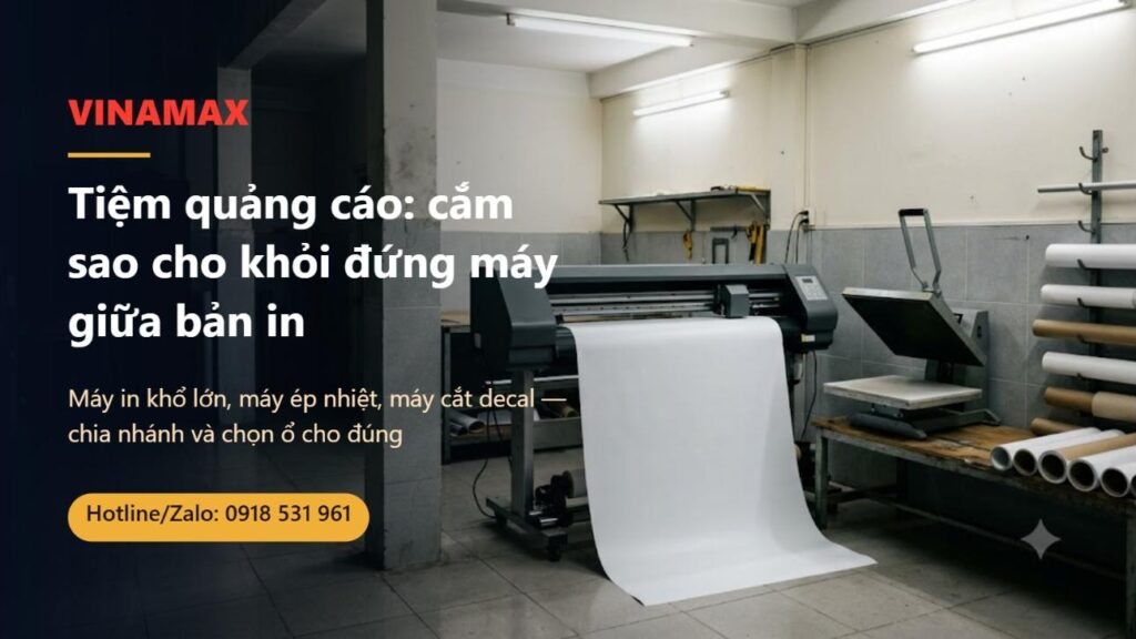 Xưởng quảng cáo nhỏ tại nhà: máy in khổ lớn đang chạy cuộn bạt trắng, máy ép nhiệt trên bàn bên cạnh, các cuộn vật liệu xếp gọn