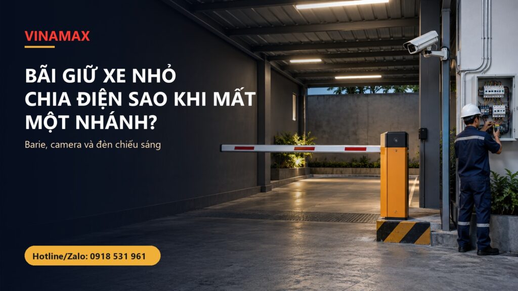 Thợ điện kiểm tra tủ điện của bãi giữ xe có barie và camera