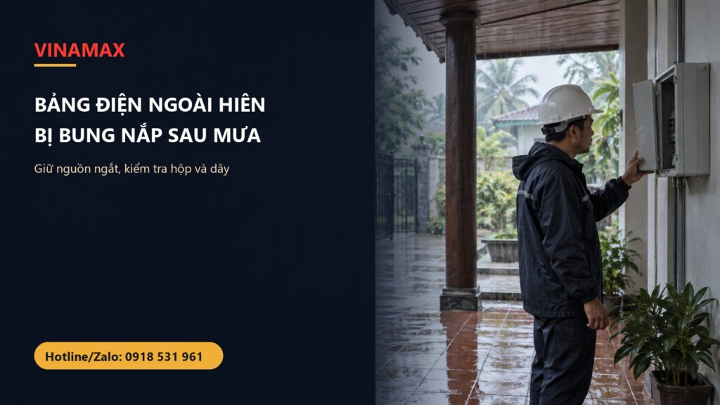 Thợ điện kiểm tra bảng điện ngoài hiên Việt Nam sau mưa gió