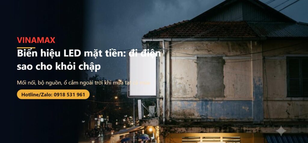 Bảng hiệu đèn LED trắng trên mặt tiền nhà phố lúc trời mưa buổi tối