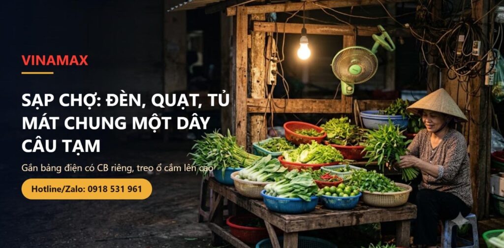 Sạp rau trong chợ Việt Nam có bóng đèn và quạt nhỏ treo trên khung sạp, minh hoạ bài hướng dẫn đi điện cho sạp chợ