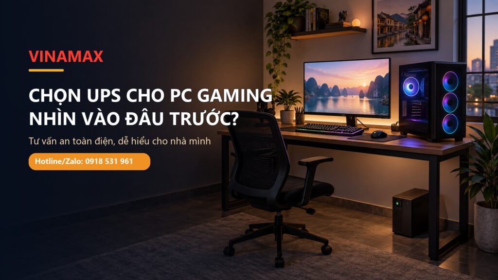 Góc PC gaming tại nhà gồm máy tính, màn hình và bộ lưu điện UPS