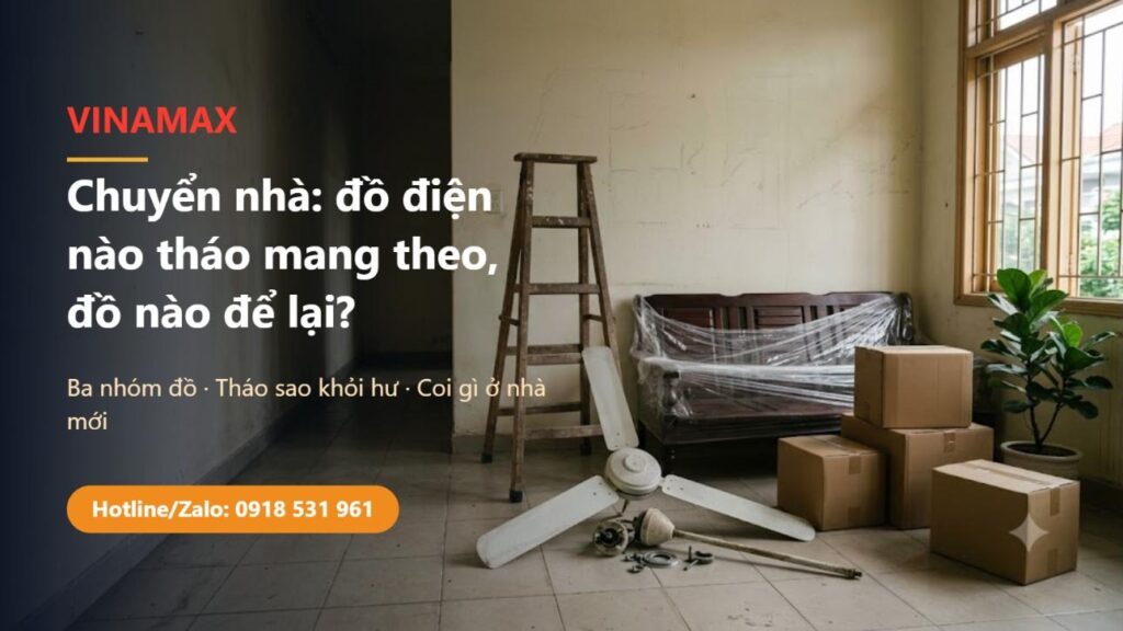 Căn nhà ngày dọn đi: quạt trần đã tháo nằm dưới sàn gạch kèm ốc vít, thang gỗ, ghế bọc ni lông, mấy thùng giấy và chậu cây