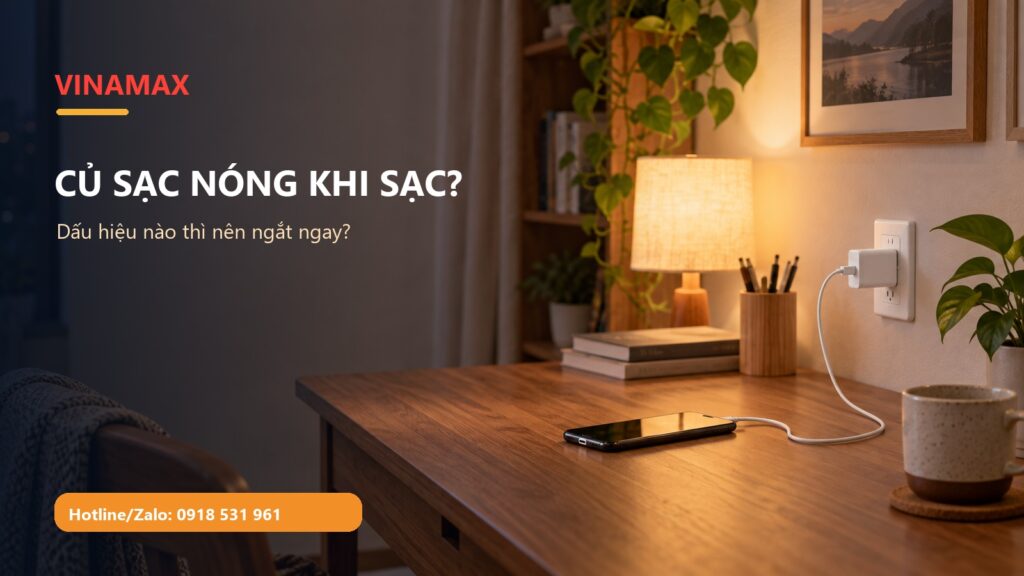 Điện thoại đang sạc trên mặt bàn chắc chắn với bộ sạc thông thoáng trong nhà