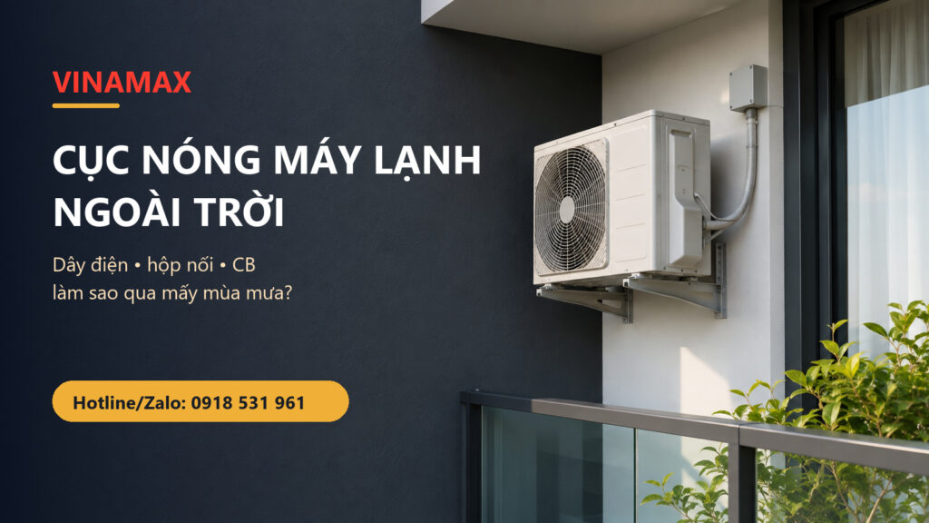 Cục nóng máy lạnh ngoài trời với dây điện, hộp nối và CB được bố trí gọn trên ban công nhà Việt Nam