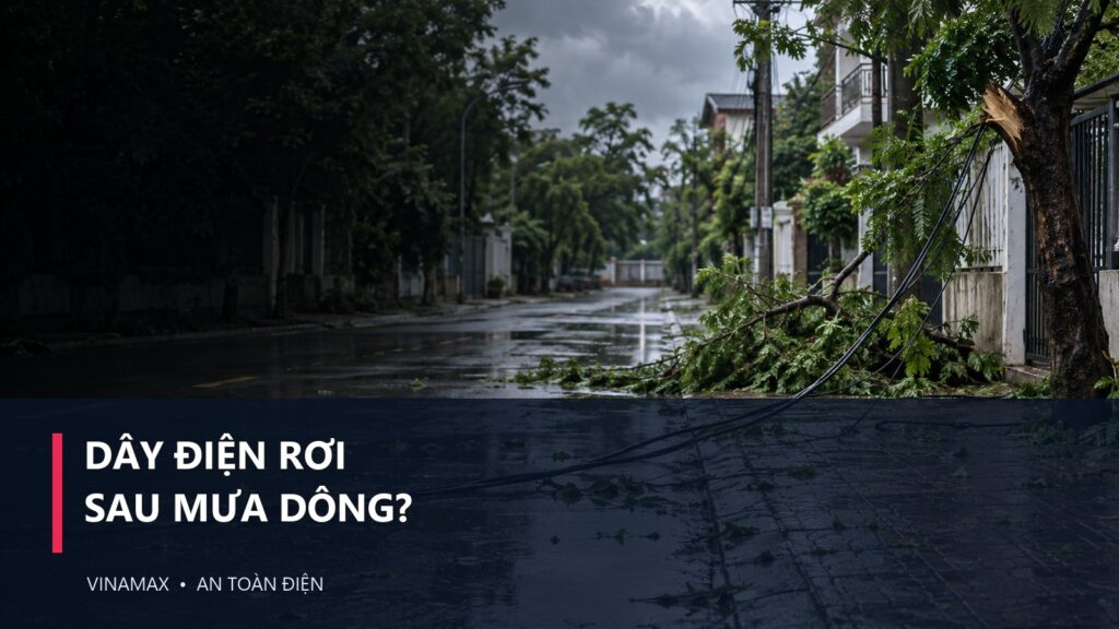 Dây điện rơi trên con đường ướt sau mưa dông, người dân đứng cách xa và cảnh báo người qua đường
