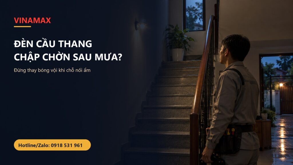 Đèn cầu thang nhà Việt Nam sáng chập chờn sau mưa, thợ quan sát