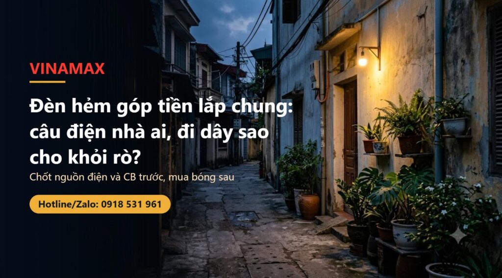 Con hẻm nhỏ Việt Nam lúc chạng vạng với một bóng đèn gắn giá đỡ trên tường chiếu sáng lối đi
