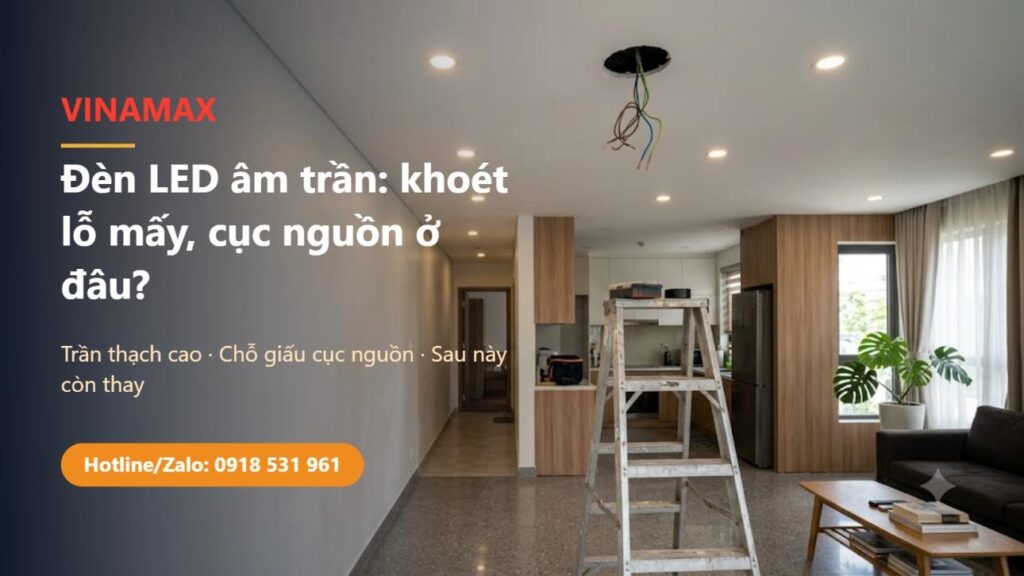 Phòng khách nhà Việt Nam trần thạch cao gắn đèn LED âm trần, một lỗ đèn đã tháo để lộ bó dây trên trần và cái thang nhôm dựng bên dưới