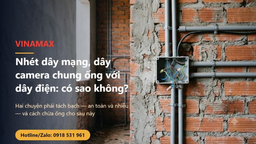 Tường gạch nhà đang xây ở Việt Nam, ống luồn dây điện màu xám chạy dọc tường và một hộp nối mở nắp thấy rõ các mối nối dây bên trong
