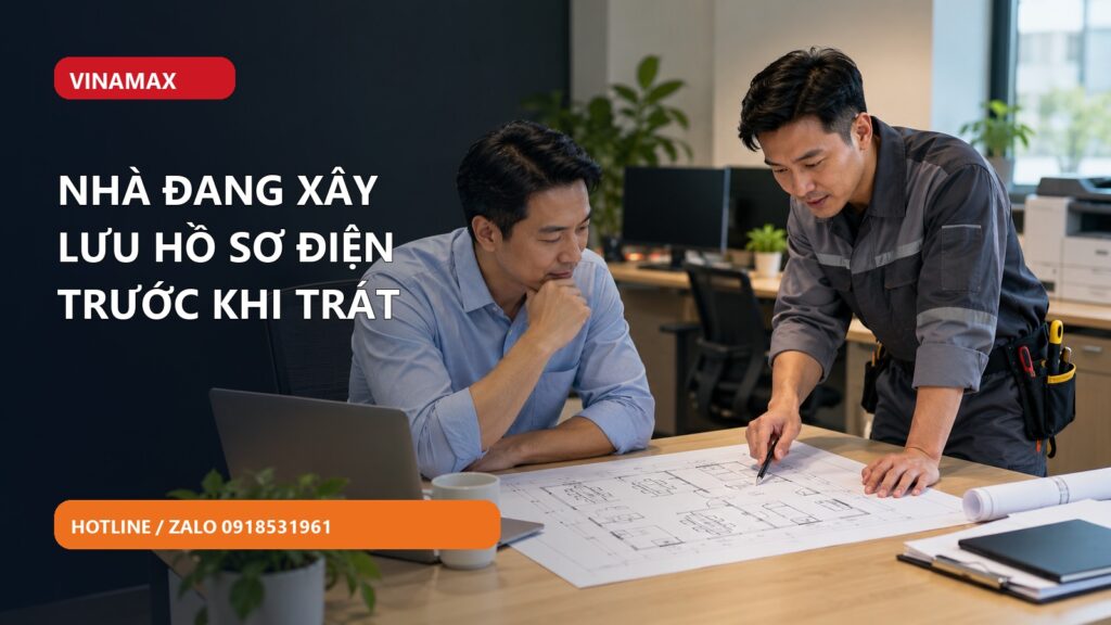 Chủ nhà và thợ điện đánh dấu sơ đồ đường dây trước khi hoàn thiện tường nhà đang xây