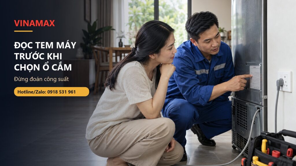 Thợ điện hướng dẫn gia đình đọc thông tin thiết bị trước khi chọn ổ cắm
