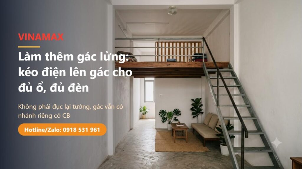 Gác lửng trong nhà ống Việt Nam với sàn gỗ, cầu thang sắt và tường trắng