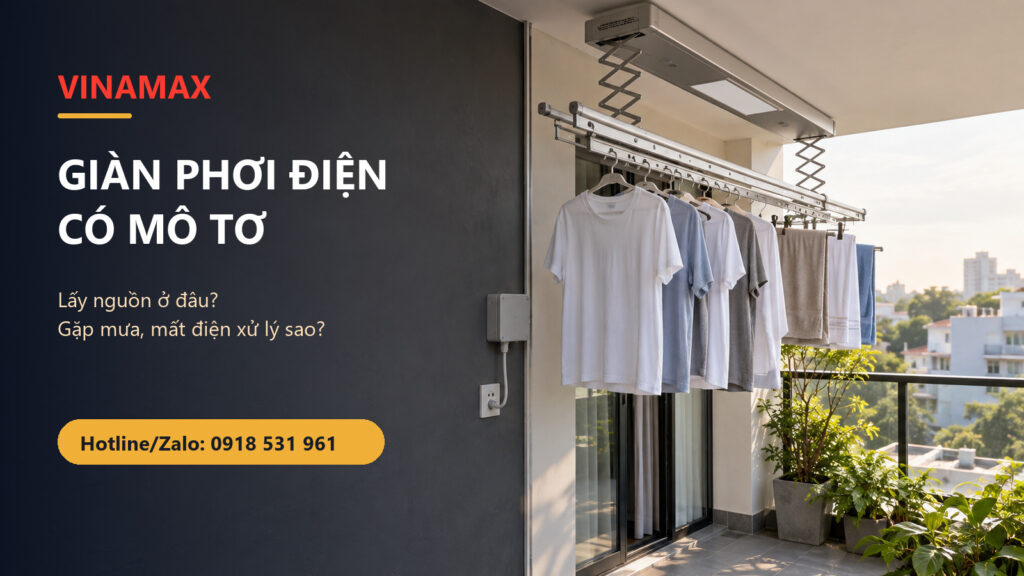 Giàn phơi điện có mô tơ lắp trên ban công nhà Việt Nam với đường nguồn được bố trí gọn