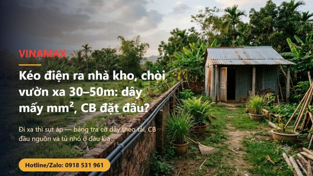 Sân vườn nhà quê Việt Nam buổi chiều, ống luồn dây điện kẹp dọc tường gạch kéo ra nhà kho mái tôn phía cuối vườn cách nhà mấy chục mét
