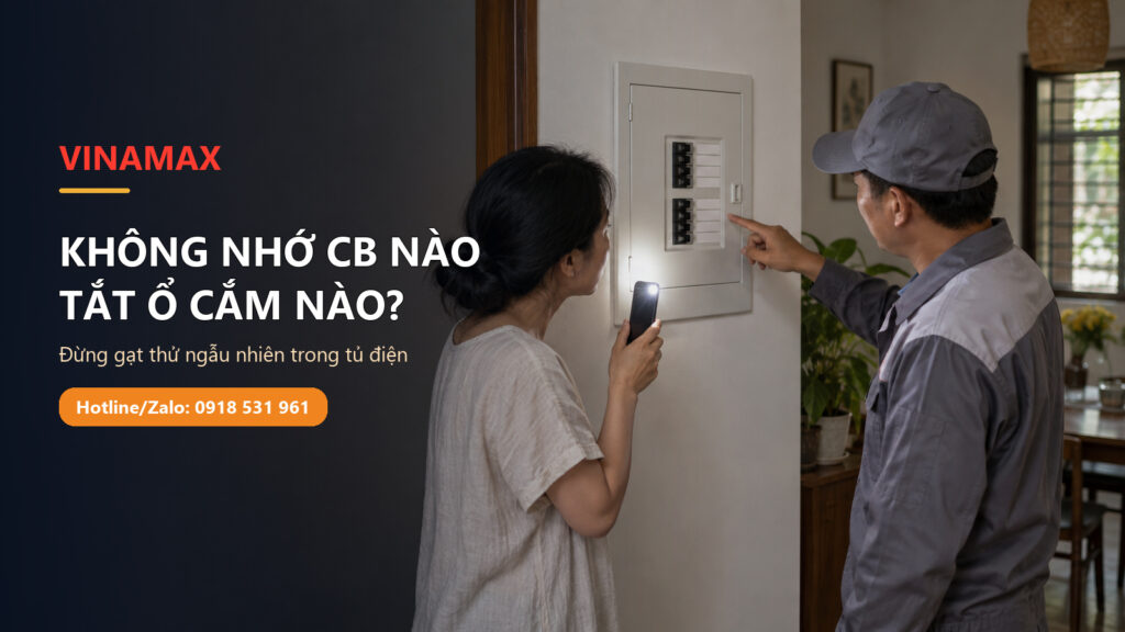 Chủ nhà cùng thợ điện nhận diện các aptomat qua nắp tủ điện còn nguyên, không tháo hay chạm vào dây.