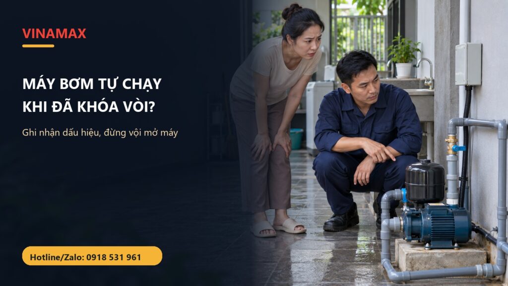 Gia đình và kỹ thuật viên quan sát máy bơm tăng áp tự chạy tại khu vực khô ráo
