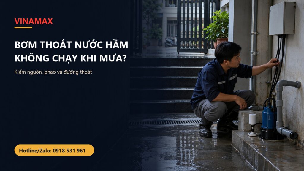 Thợ kiểm tra máy bơm thoát nước tại hầm nhà Việt Nam sau mưa